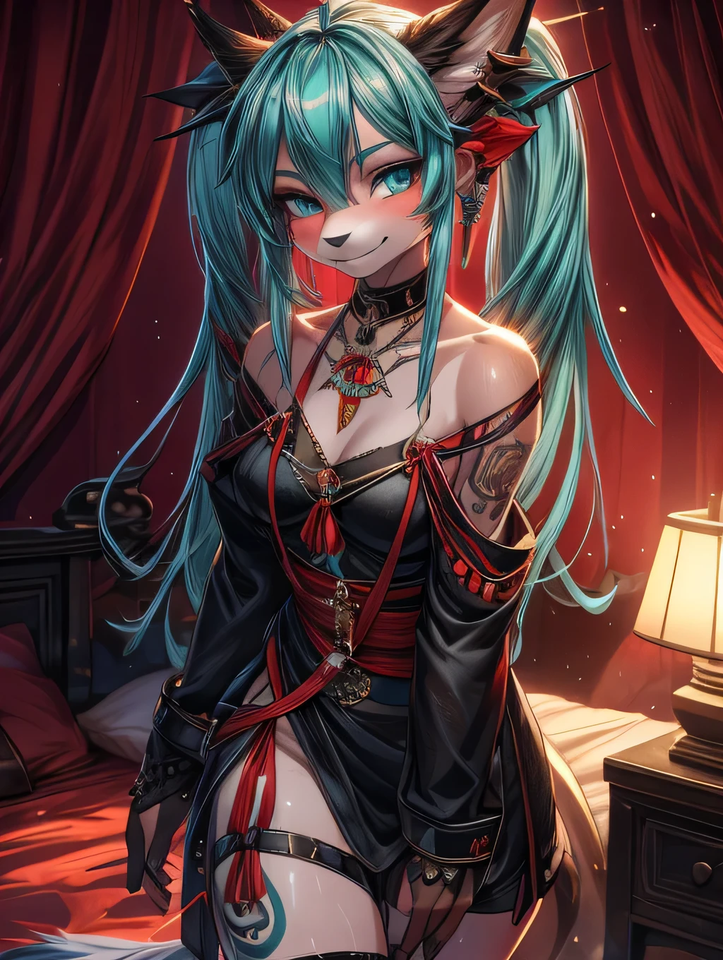 Miku Hatsune furry kitsune, elongated snout of a fox, aqua skin add high definition_detail:1, tribal tattoo add_detail:1,put on the leg, Walking position during full moon showing her beautiful figure and outfit.. (black off shoulder blouse, mini ahort ) sweaty body add_details:1, smiling add_detailsl:1, ear piercing add_detail:1, cover position in bed add_detail, horny girl add_detail:1, seductive position add_detail:1, RED Saturation, photo style lighting add_detail:1, sensual bondage add_detail, very fine and detailed hands add_detail, cara angelical, mischievous look