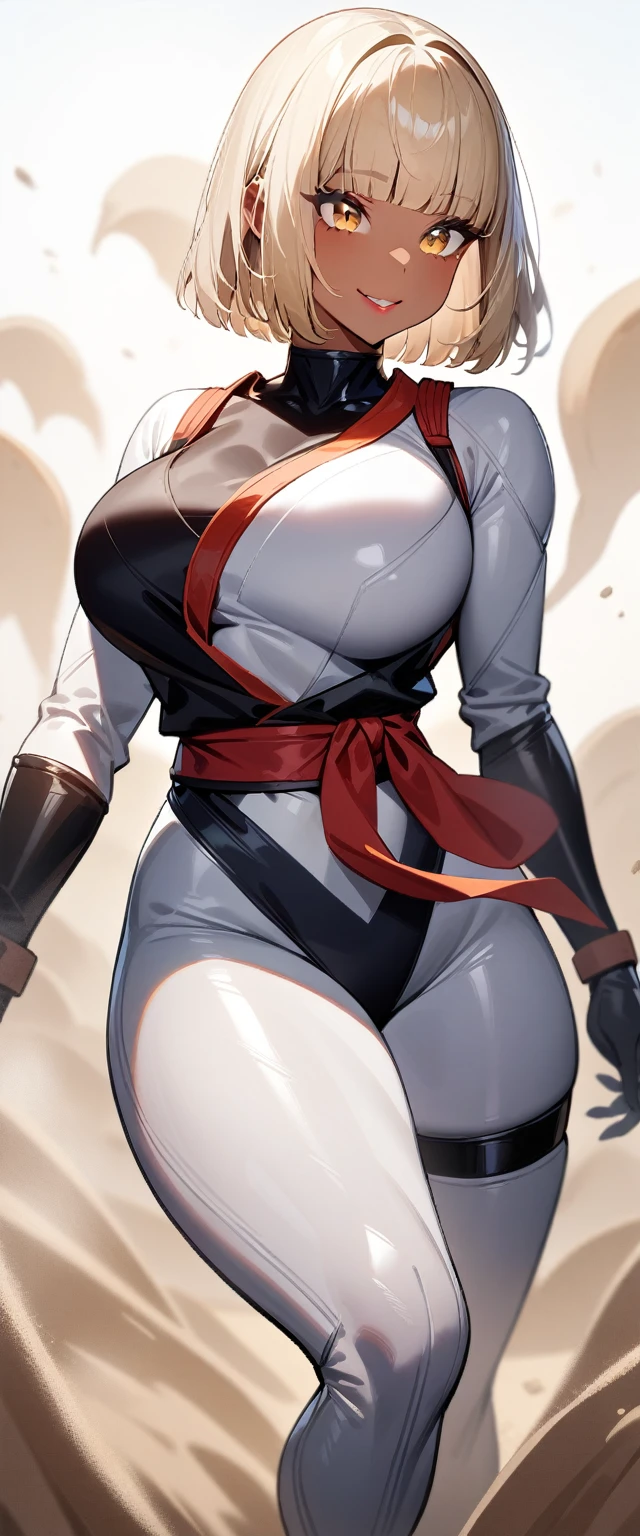 1girl,solo,super detailed skin,shiny skin,tanned skin,angelic smile,pale blonde hair,short hair,hime cut,blunt bangs,beautiful detailed eyes ,eyelashes,lips gloss ,large breasts,asymmetry body suit,Shinobi clothes,simple background ,sand magic ,standing,masterpiece,best quality,ultra detailed,high resolution,sharp focus