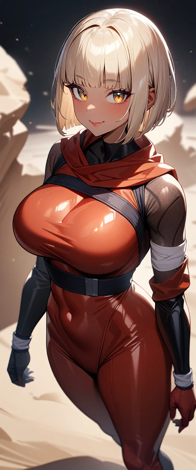 1girl,solo,super detailed skin,shiny skin,tanned skin,angelic smile,pale blonde hair,short hair,hime cut,blunt bangs,beautiful detailed eyes ,eyelashes,lips gloss ,large breasts,asymmetry body suit,Shinobi clothes,simple background ,sand magic ,standing,masterpiece,best quality,ultra detailed,high resolution,sharp focus
