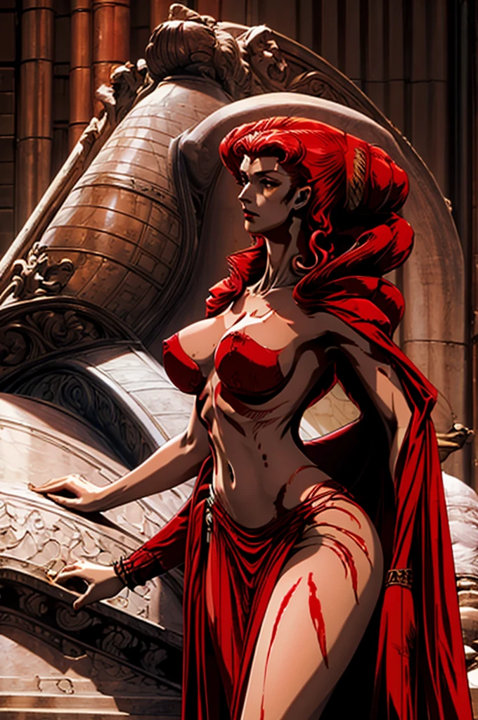 ,large breasing at her side profile,beautiful face,bloody,red skin,rising from her tomb,long red hair in dense curls,long slender body,stomach