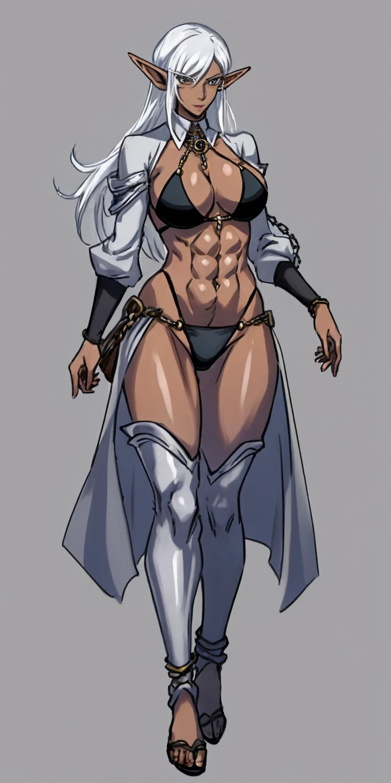 Appearance
Gender: Female
Age: Mature
Race: Drow (elf with dark skin and white hair)
Height: Full-body
Skin: Gray
Skin: Gray
Background: Plain Gray
Eyes: Purple
Attire: Bikini, revealing abdominal muscles
Accessories: Large earrings, ragged rags, chain necklace