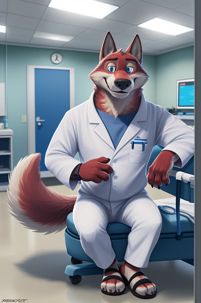 Joachim Wolfbach (Zootopia),tall handsome, wolf,young, 24 years, brown fur,(red body:1.3),Blue eyes, Moscow Dressed, in a medical gown, surgical form, cardiac surgeon, sandals, canine, wolf, detailed fur, Male, antro, paw pads, finger claws,Prays, at viewer, 5 fingers, paws, 5 fingers, smile, happy, sitting in the office , wrist watch,green stethoscope, т nextel, sitting at home in the blood laboratory, by xenoforge, (difficult, high detail, digital, photo, soft focus, RAW, dct doctor, hospital, Kids toys, , 13 детская hospital, operating, 
photorealism, realistic, photorealistic, analog style, subsurface scattering, blood laboratory, draws blood from a finger, 
masterpiece, Best quality, ultra realistic, 8 K)