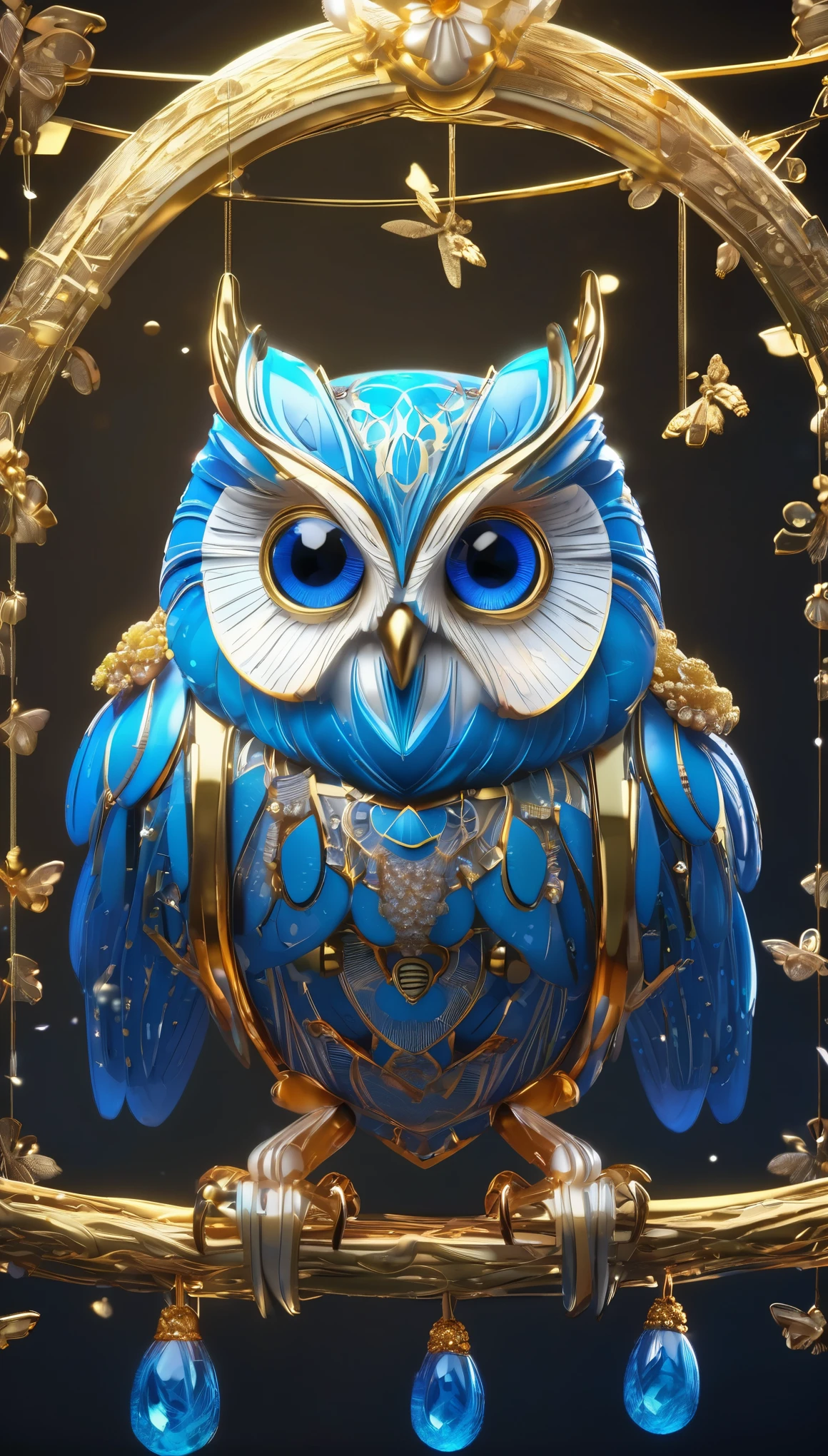 Blue eyed owl image, Unreal Engine Rendering, Very detailed , Bee Global Illumination, Exquisite and gorgeous jewelry, Popular trends on cgisociety, Motion Graphics, rossdraws Global Illumination, CG Society