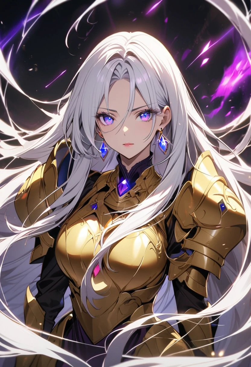 woman, blue eyes, long hair, white hair, mature, god eyes, diamond earings, glowing right eyes, two colors eyes, purple eyes, golden armor,