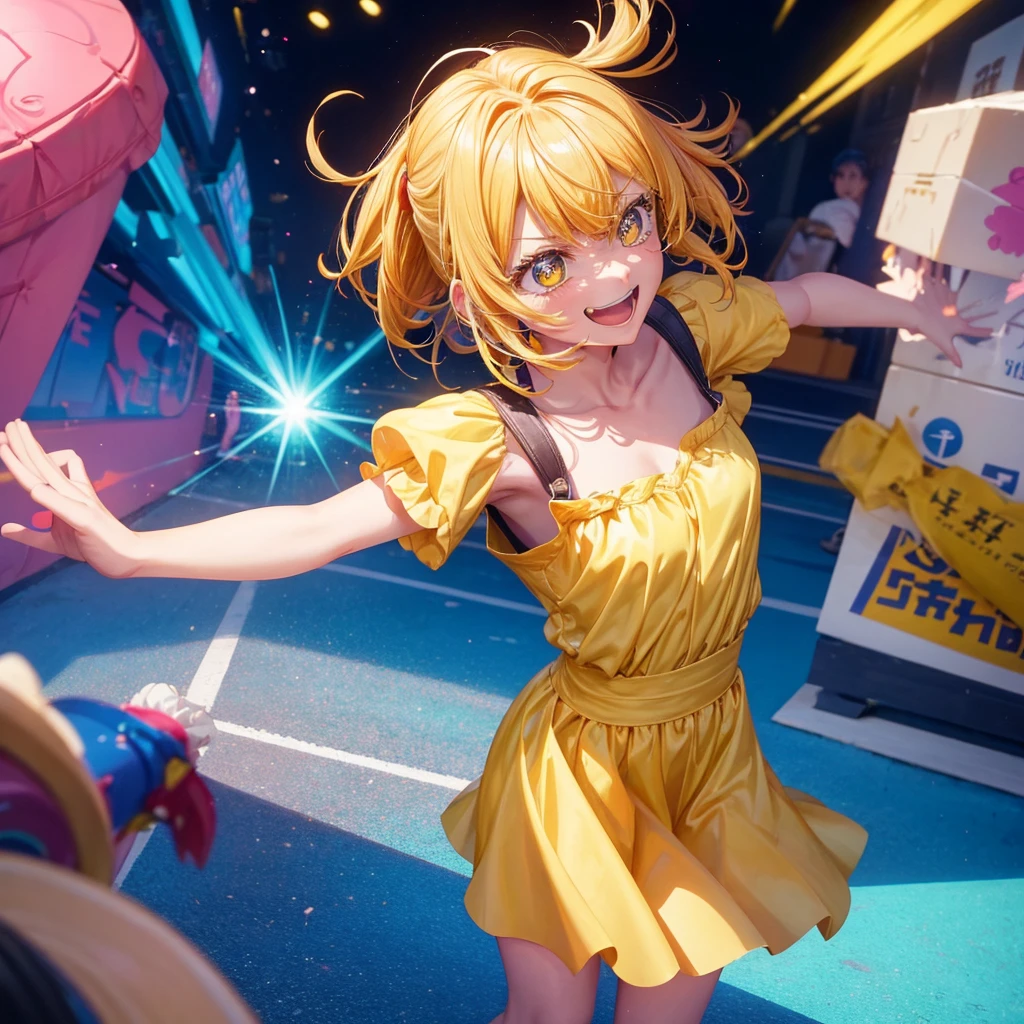 Create an anime-style image of a clumsy and naturally awkward girl with bright yellow hair. She should be wearing a cute, casual yellow outfit, such as a dress or a top with a skirt. Depict her in a moment where she is tripping or stumbling, showing a panicked and embarrassed expression, but also shyly smiling with her teeth showing in an awkward, bashful grin. Her hair is styled in a playful, slightly messy fashion. The background should be lively and fun, with bright colors and dynamic elements that emphasize her clumsiness. Add small, amusing details around her, like scattered items she has knocked over, to enhance the playful and whimsical atmosphere. Ensure that she is the only character in the image, making her the clear focus of the scene. Make sure the overall image is vibrant and engaging, suitable for use as a thumbnail.