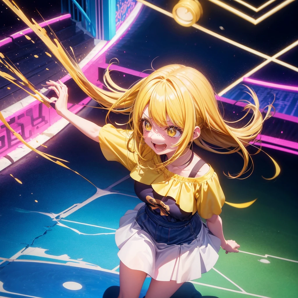 Create an anime-style image of a clumsy and naturally awkward girl with bright yellow hair. She should be wearing a cute, casual yellow outfit, such as a dress or a top with a skirt. Depict her in a moment where she is tripping or stumbling, showing a panicked and embarrassed expression, but also shyly smiling with her teeth showing in an awkward, bashful grin. Her hair is styled in a playful, slightly messy fashion. The background should be lively and fun, with bright colors and dynamic elements that emphasize her clumsiness. Add small, amusing details around her, like scattered items she has knocked over, to enhance the playful and whimsical atmosphere. Ensure that she is the only character in the image, making her the clear focus of the scene. Make sure the overall image is vibrant and engaging, suitable for use as a thumbnail.