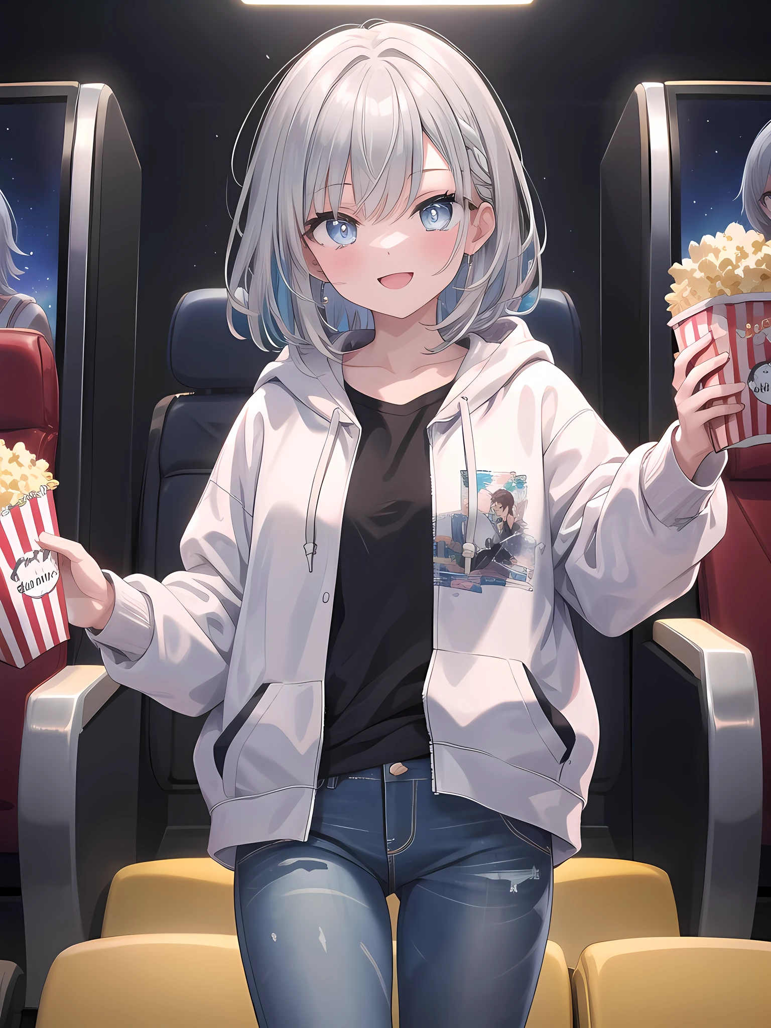 (8k, best quality, master piece: 1.2),super high resolution,1 girl, solo, ((colorshift eyes, hyperdetailed, expressive eyes)), ultra-detailed face, random hair, silver gray color, Ecstatic expression,Watching a movie in the dark of a movie theater. Holding popcorn in hand, concentrating on the big screen. Silver hair half-up, casual hoodie and jeans. Looking excited and enjoying the movie.