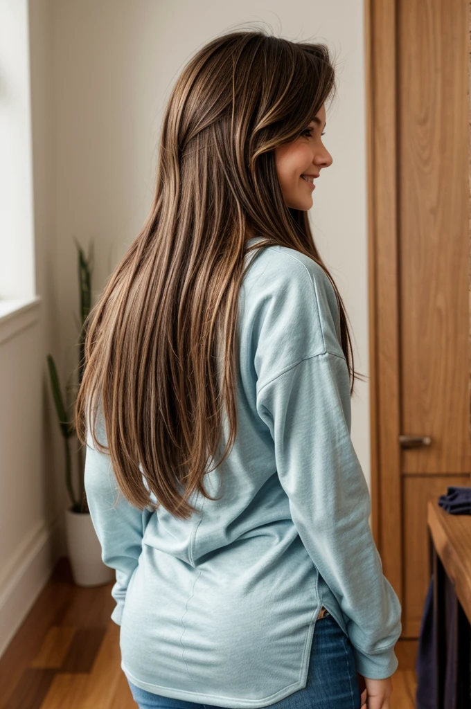 photo of a beautiful girl wearing casual shirt with a hoodie and, brown hair with light highlights, in a room, ass naked, slim body, view from back, medium upper body shot, looking at the camera, cute smile, shallow depth of field