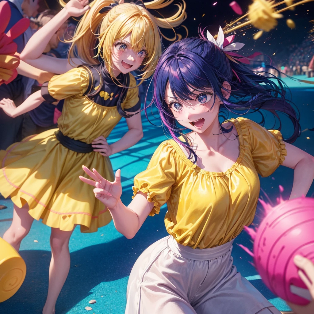 Create an anime-style image of a clumsy and naturally awkward girl with bright yellow hair. She should be wearing a cute, casual yellow outfit, such as a dress or a top with a skirt. Depict her in a moment where she is tripping or stumbling, showing a panicked and embarrassed expression, but also shyly smiling with her teeth showing in an awkward, bashful grin. Her hair is styled in a playful, slightly messy fashion. The background should be lively and fun, with bright colors and dynamic elements that emphasize her clumsiness. Add small, amusing details around her, like scattered items she has knocked over, to enhance the playful and whimsical atmosphere. Ensure that she is the only character in the image, making her the clear focus of the scene. Make sure the overall image is vibrant and engaging, suitable for use as a thumbnail.