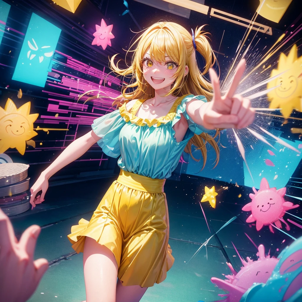 Create an anime-style image of a clumsy and naturally awkward girl with bright yellow hair. She should be wearing a cute, casual yellow outfit, such as a dress or a top with a skirt. Depict her in a moment where she is tripping or stumbling, showing a panicked and embarrassed expression, but also shyly smiling with her teeth showing in an awkward, bashful grin. Her hair is styled in a playful, slightly messy fashion. The background should be lively and fun, with bright colors and dynamic elements that emphasize her clumsiness. Add small, amusing details around her, like scattered items she has knocked over, to enhance the playful and whimsical atmosphere. Ensure that she is the only character in the image, making her the clear focus of the scene. Make sure the overall image is vibrant and engaging, suitable for use as a thumbnail.