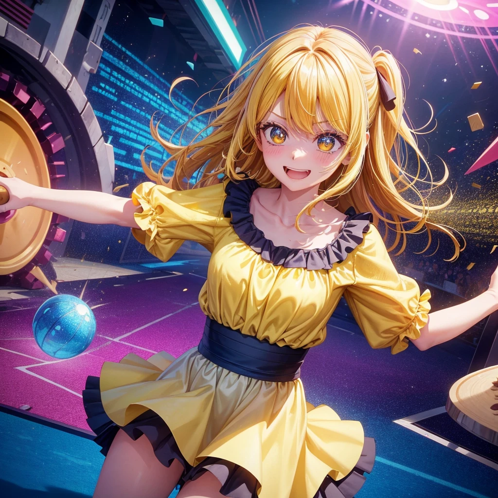 Create an anime-style image of a clumsy and naturally awkward girl with bright yellow hair. She should be wearing a cute, casual yellow outfit, such as a dress or a top with a skirt. Depict her in a moment where she is tripping or stumbling, showing a panicked and embarrassed expression, but also shyly smiling with her teeth showing in an awkward, bashful grin. Her hair is styled in a playful, slightly messy fashion. The background should be lively and fun, with bright colors and dynamic elements that emphasize her clumsiness. Add small, amusing details around her, like scattered items she has knocked over, to enhance the playful and whimsical atmosphere. Ensure that she is the only character in the image, making her the clear focus of the scene. Make sure the overall image is vibrant and engaging, suitable for use as a thumbnail.