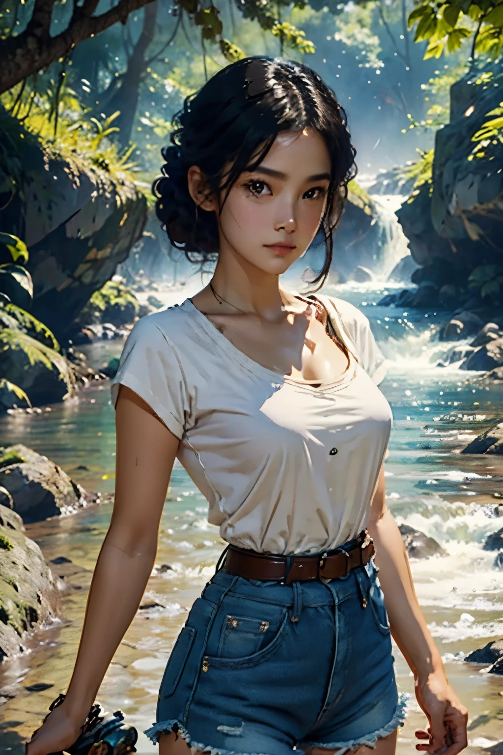 (Huge and amazing photos of the Goddess, Very hot and sexy, Wearing denim shorts, White top, Wear a survival knife on your waist、beauty, Perfect Proportions, Cute body, スリムなボディのbeauty:1.2), Woman silhouette,View from the front, Jungle Waterside、open air, Ray Tracing、Bright sunlight、rich vegetation、((Artwork, Highest quality, High resolution)), ((Highly detailed 8K uniform CG wallpaper)), 