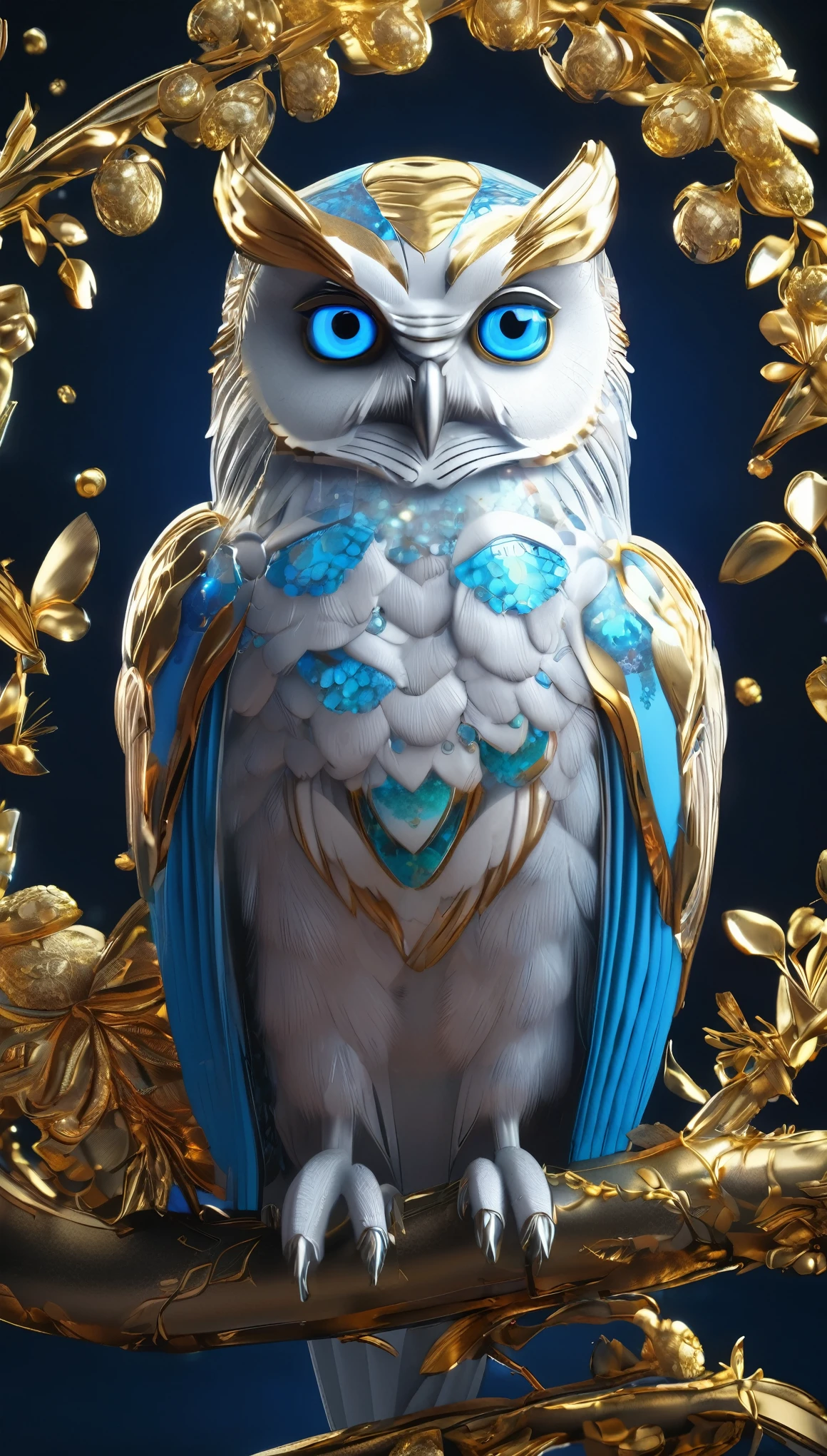 Blue eyed owl image, Unreal Engine Rendering, Very detailed , Bee Global Illumination, Exquisite and gorgeous jewelry, Popular trends on cgisociety, Motion Graphics, rossdraws Global Illumination, CG Society
