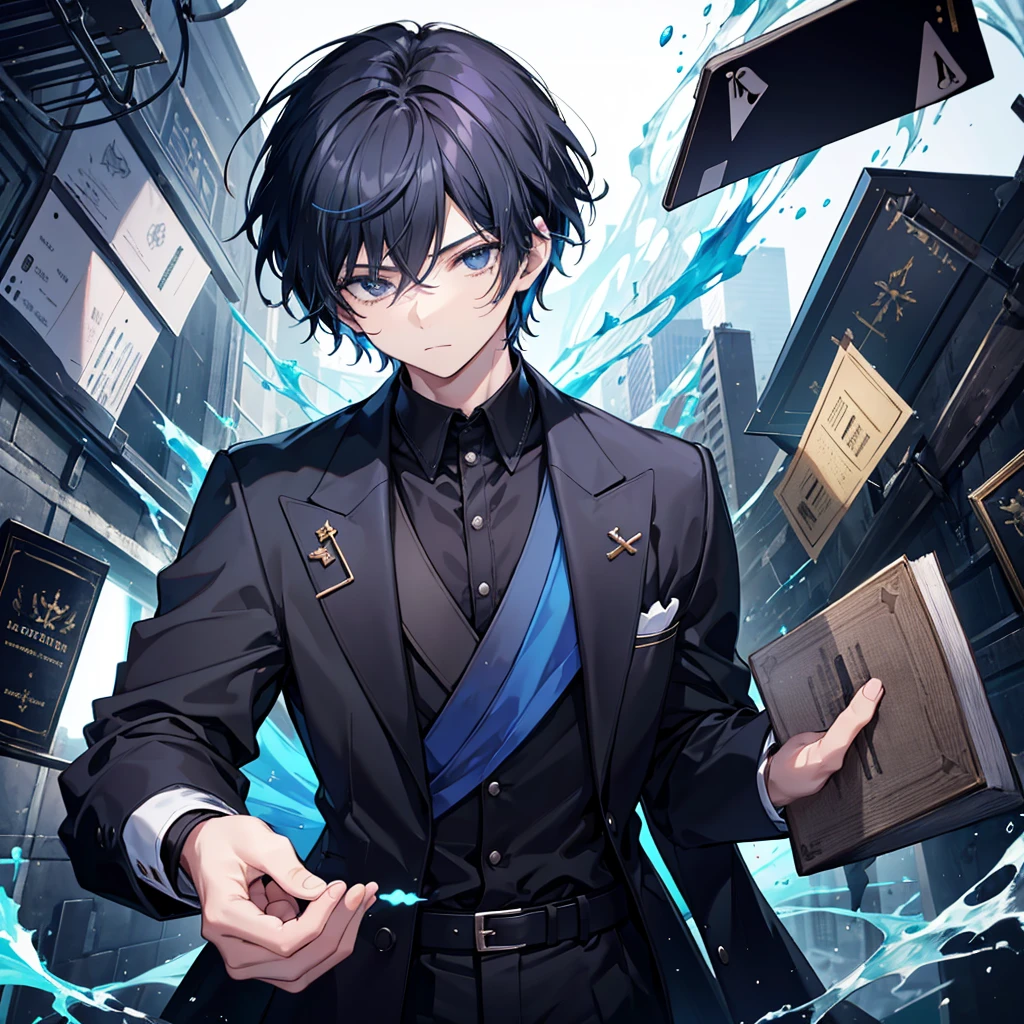 young man teenager ,Black hair has a strong blue sheen. ,Black eyes sparkling blue ,Wear fashionable black and blue shirts. ,Extend your right hand ,An ancient book floats in his right hand. ,There was a white card floating around behind it.