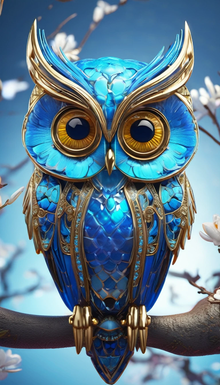 Blue eyed owl image, Unreal Engine Rendering, Very detailed , Bee Global Illumination, Exquisite and gorgeous jewelry, Popular trends on cgisociety, Motion Graphics, rossdraws Global Illumination, CG Society