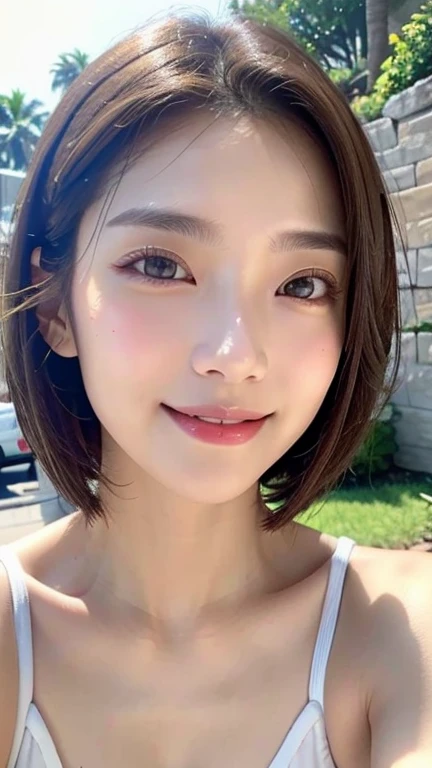 Upper body,Very short bob hair,20-year-old girl、Light eye makeup、Brown Hair Color、flat 、Hair blowing in the wind、Quality of actress、Shiny, Ultra-realistic faces、Smiling face、Watery eye、look up、Pleasant lighting effects、 Ultra-Realistic Capture、Very detailed、High resolution 16k human skin closeup。Skin texture must be natural、Must be so detailed that pores are visible、skin is healthy、A consistent tone is needed、Use natural light and color、Great smile、