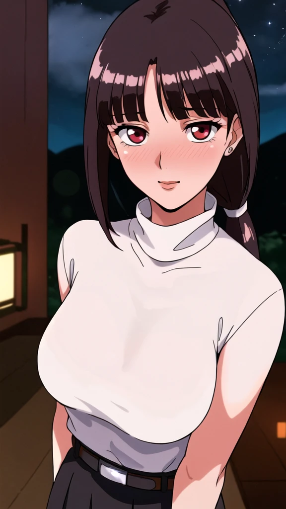 white turtleneck, black pencil shirt,black short skirt, belt,hair ornament, hair scrunchie,low ponytail, long hair, bangs, brunette, black hair, blunt bangs, big red eyes, alone, 1 girl, Young female, 18 years old, sexy gal, very cute, smile, Beautiful Finger,Beautiful long legs,Beautiful body,Beautiful Nose,Beautiful character design, perfect eyes, perfect face,expressive eyes, looking at viewer, in the center of the image,(light smile:0.5), official art, outdoor, portrait, perfect lighting,Colorful, Bright_Front_face_Lighting,shiny skin, (masterpiece:1.0),(best quality:1.0), ultra high res,4K,ultra-detailed, photography, 8K, HDR, highres, absurdres:1.2, Kodak portra 400, film grain, blurry background, bokeh:1.2, lens flare, (vibrant_color:1.2), (beautiful face), (slim body, curvy body), (ashamed, blushing), glossy lip rouge, glossy crimson rouge, (jealousy), SFW, seductive, charming,(attractive,enchanting,fascinating,captivating,bewitching,enthralling,entrancing,attractive,gripping,engrossing),airport,night,fullmoon,bluemoon,(flush, blush, flushing, suffusion),(perplexity; aporioneurosis; quandary; bewilderment; embarrassment),dallying,elegance,smart,beautiful long hair,