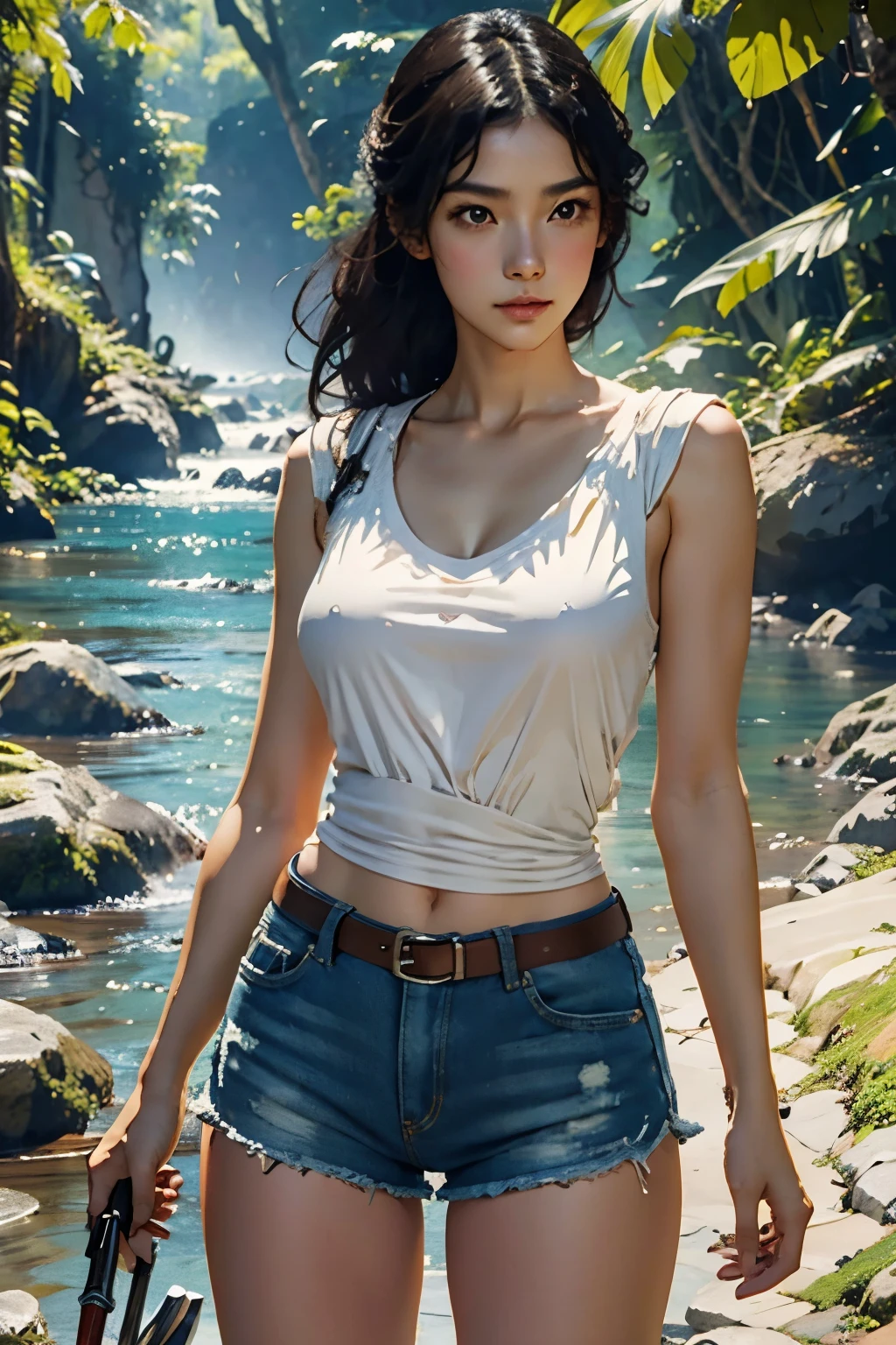 (Huge and amazing photos of the Goddess, Very hot and sexy, Wearing denim shorts, White top, Wear a survival knife on your waist、beauty, Perfect Proportions, Cute body, スリムなボディのbeauty:1.2), Woman silhouette,View from the front, Jungle Waterside、open air, Ray Tracing、Bright sunlight、rich vegetation、((Artwork, Highest quality, High resolution)), ((Highly detailed 8K uniform CG wallpaper)),