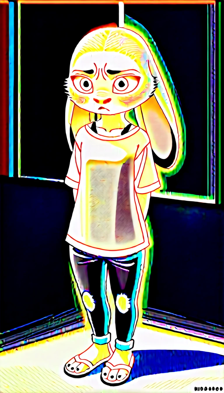 check_9, check_8_up, check_7_up, check_6_up, source_fluffy, Confused Judy Hopps, Dark, night, Backlight, One, pink shirt, jeans, White sandals, whole body, hands at sides, foreground, portrait