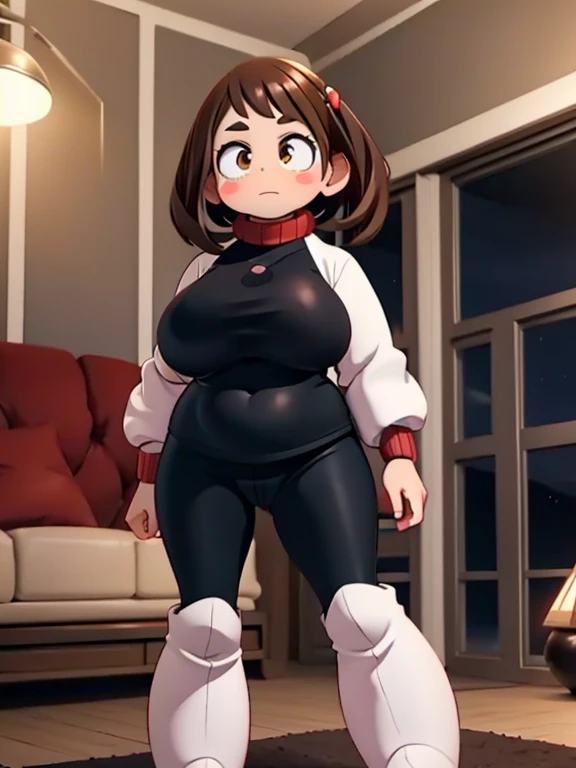 1girl, solo, Imagine Ochaco Uraraka being a 45 year old mother, MILF, brown hair, brown eyes, blush stickers, short hair, Mature Face, brown hair, brown eyes, blush stickers, short hair, medium breasts, curvy female, thick thighs, curvy body, curvaceous belly, small belly, muffin-top, love handles, pudgy,((Wearing: red turtle-neck sweater, black leggings and white heeled boots)), indoors, detailed background, living room, wide shot, (Standing:1.2)