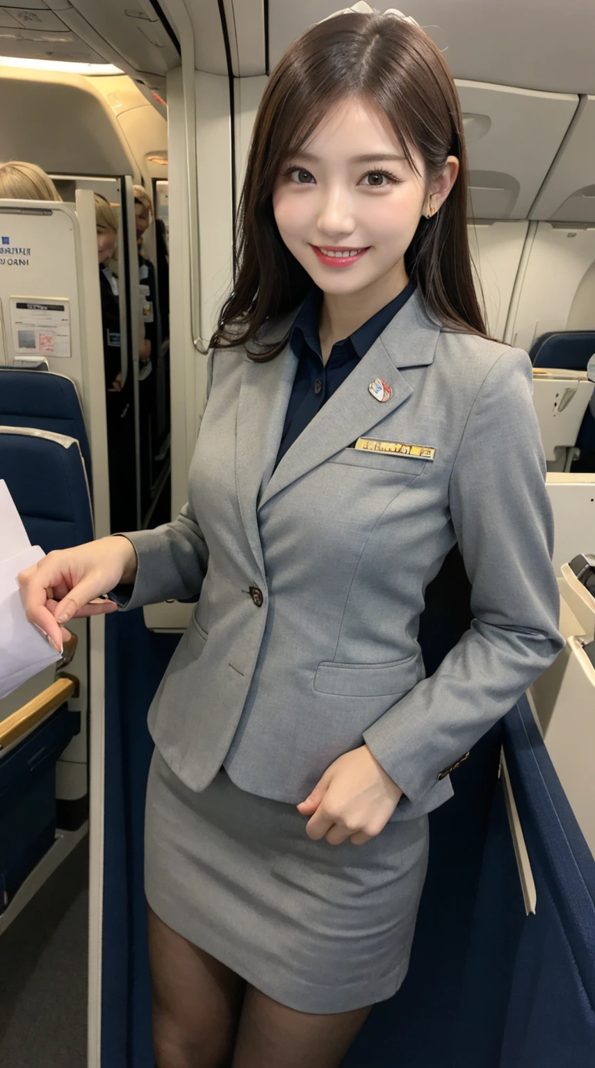 ​highest quality、table top、8k、best image quality、Award-winning work), two beautiful women、radiant beautiful skin , masterpiece、top-quality、The ultra -The high-definition、depth of fields、lens flare 1 girl、、brown hair, watching at viewers glares, large breasts ,  stewardess uniform, (  stewardess blazer:1.3),  shirt, short  skirt, (black high heels, model pose, view from below, smiling , flight cabin
