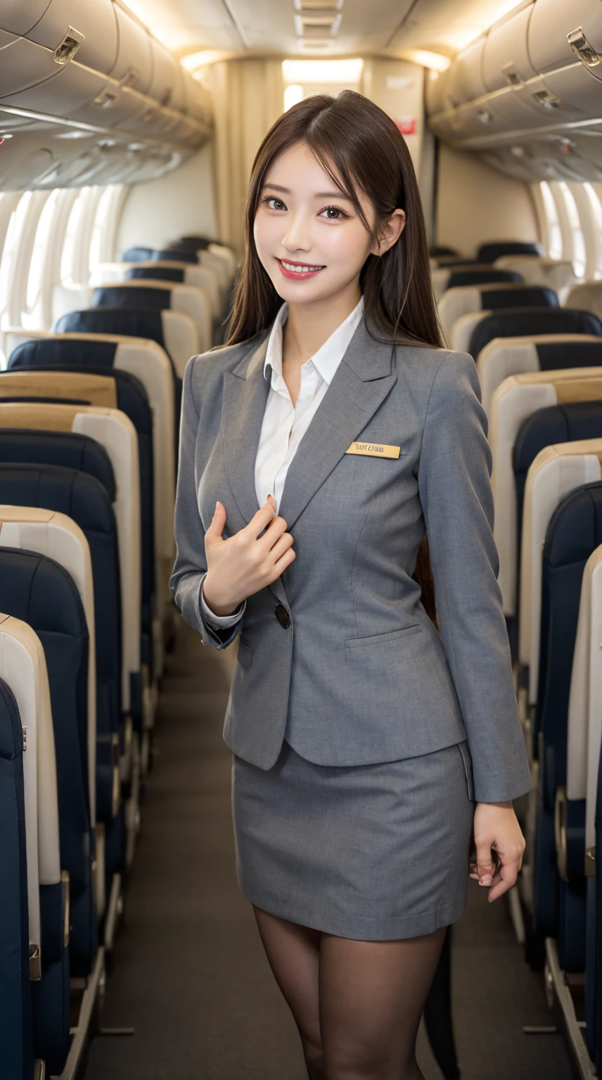 ​highest quality、table top、8k、best image quality、Award-winning work), two beautiful women、radiant beautiful skin , masterpiece、top-quality、The ultra -The high-definition、depth of fields、lens flare 1 girl、、brown hair, watching at viewers glares, large breasts ,  stewardess uniform, (  stewardess blazer:1.3),  shirt, short  skirt, (black high heels, model pose, view from below, smiling , flight cabin
