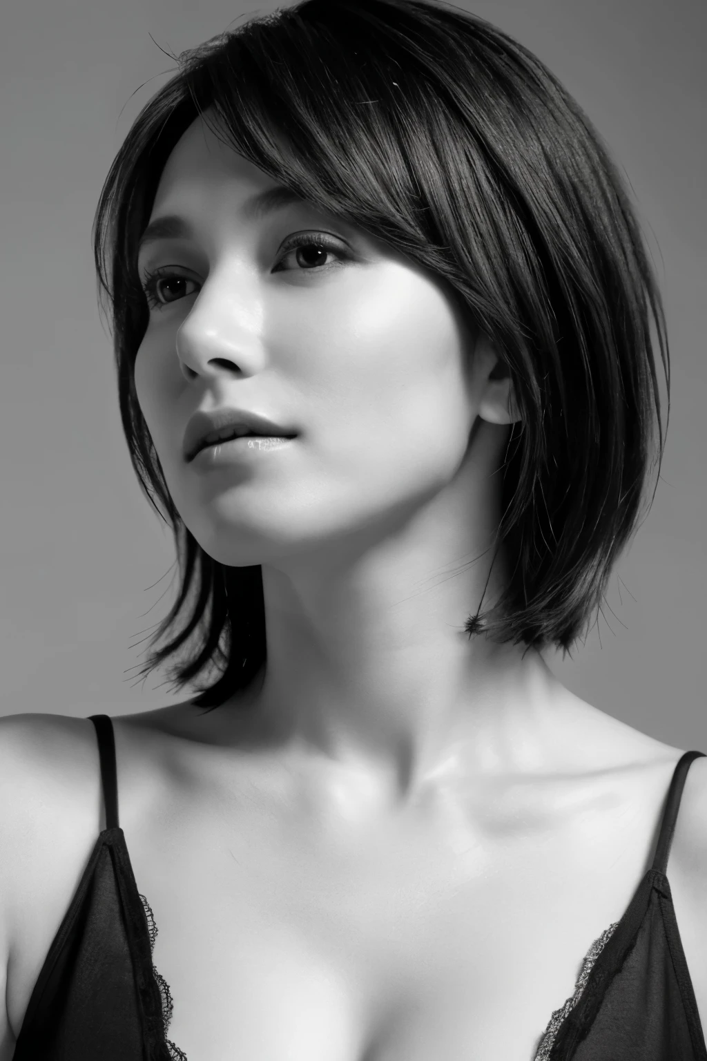 Tabletop, Highest quality, Realistic, Very detailed, finely, High resolution, 8k wallpaper, RAW Photos, Professional, High level of detail, (((Black and White Photography))), 1 girl, (look forward to), Upper Body, short hair, Shapely small breasts, Cleavage, Perfect Face, (((Only lips red))), (Looking into the camera), (From below)