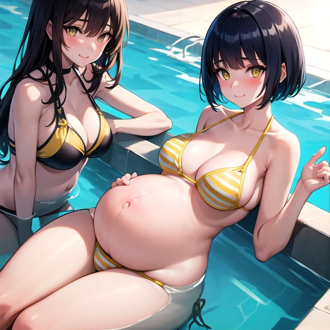 blush, smile, 2girls, mother and daughter, age difference, pregnant, yellow eyes, short hair, blunt bangs, straight hair, black hair, striped bikini, yellow bikini, sitting, pool