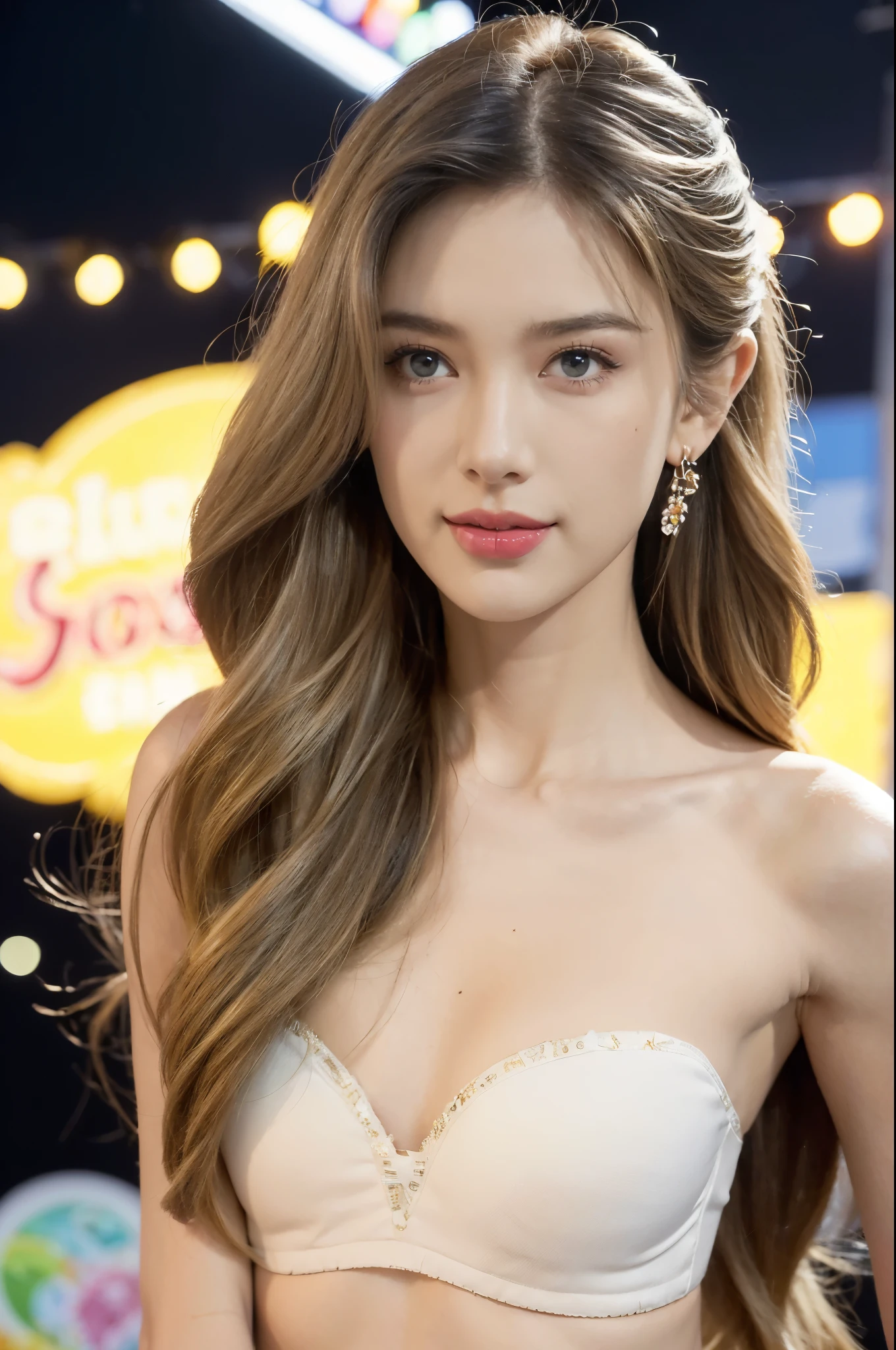 (((best quality))),(((ultra detailed))),(((masterpiece))),illustration,((a beautiful girl,solo)),(shoulder length straight hair:1.2),((slim,thin)),((small breasts,flat chest,claviclis,navel)),(strapless [blue|white] bra:1.5),(on the stage:1.3),((outside a shopping mall, at the entrance of a beer promotional event)),((surrounded by crowded crowds)),((hair and skirt fluttering in the air)),expressive eyes,infectious smile,the stage adorned with colorful decorations,vibrant atmosphere,(night scene:1.3),(from front:1.3),(close-up of face:1.3),