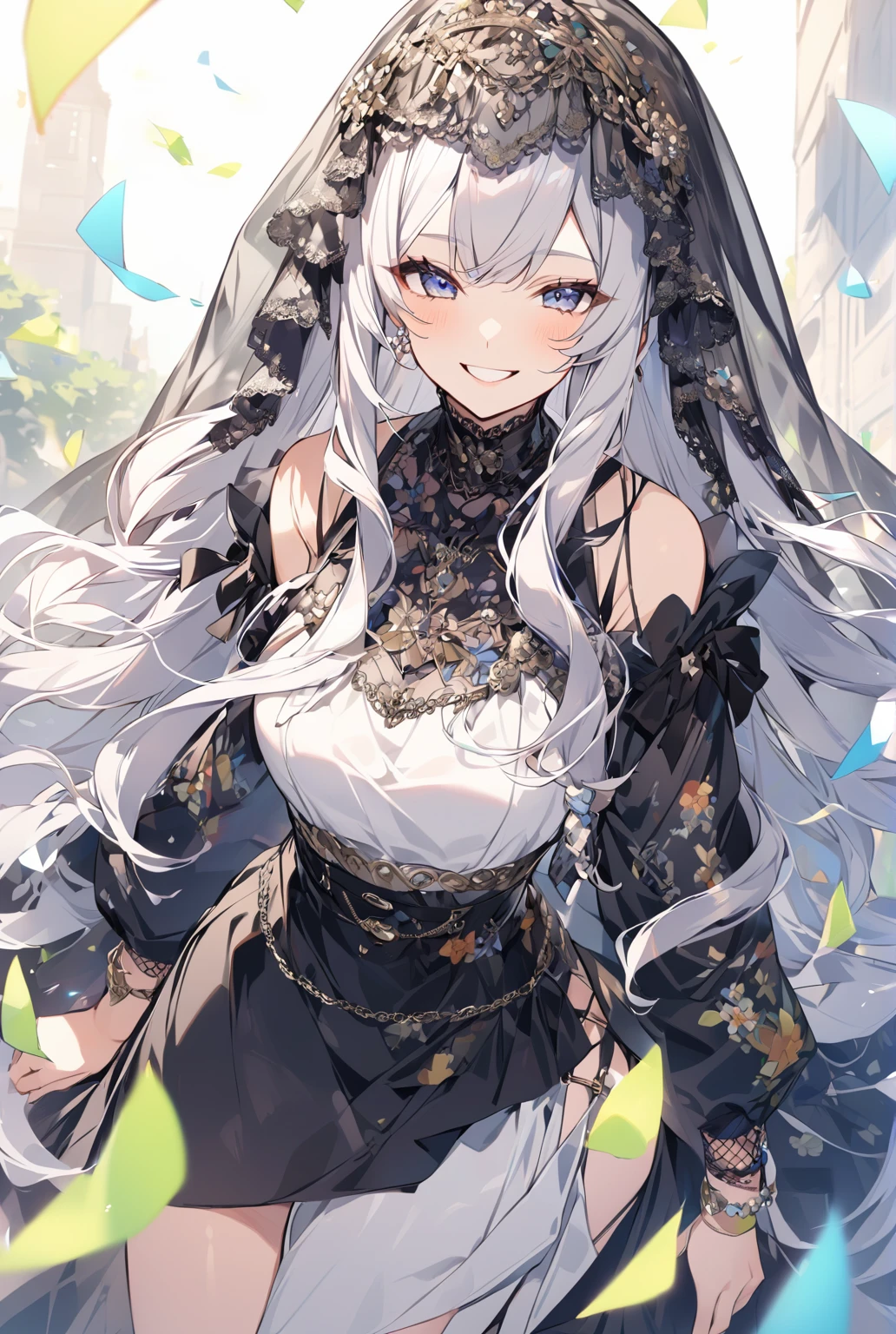 Wearing a veil，Cute woman with a smile，Long Hair、Cool clothes