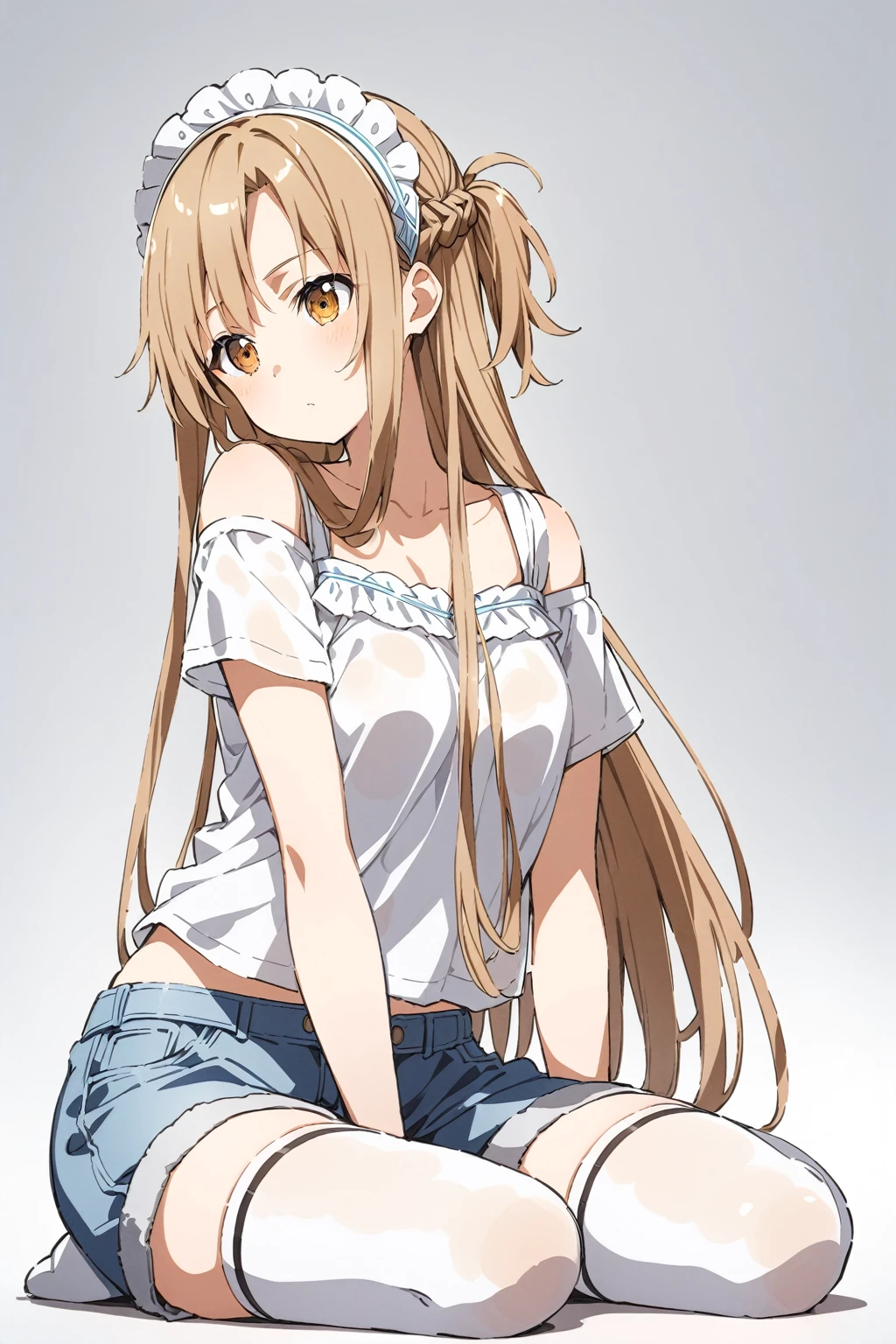 Watercolor (middle),1girl, asuna \(sao\), sword art online, solo, alone, wearing a bright white top and blue denim shorts, slightly plump and highlighting the girl's body lines. White stockings and cat ear headdress are the finishing touches. The girl chose to sit on the floor. This posture usually gives people a relaxed, relaxed feeling. Relaxed feeling, casual feeling, sexy figure, pure white background