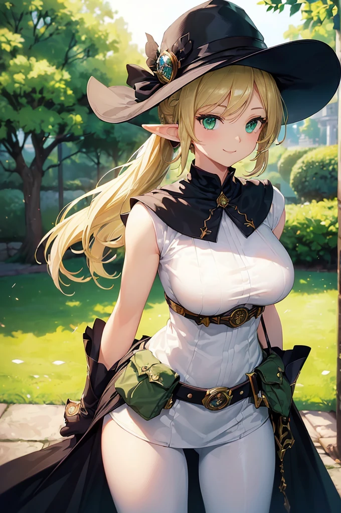 (((masterpiece; best quality: 1.2))), (finely detailed eyes: 1.3), (25 year old elf woman), (solo), (green eyes: 1.4), (body; big breasts, fit, femenine: 1.3), (silky blonde hair in low ponytail: 1.3), (beautiful and clear background: 1.2), ((depth of field)), (equipment: adventurer garb + modest + elegant wide-brim hat + dark blouse + dark cape + black long skirt + gloves + belt + pouches: 1.3), (anime illustration: 1.2), (background composition; royal garden: 1.1), (extremely fine and beautiful: 1.1), (shot composition; standing + centered on torso + close-up: 1.5), (expression; calm, smile: 1.2)