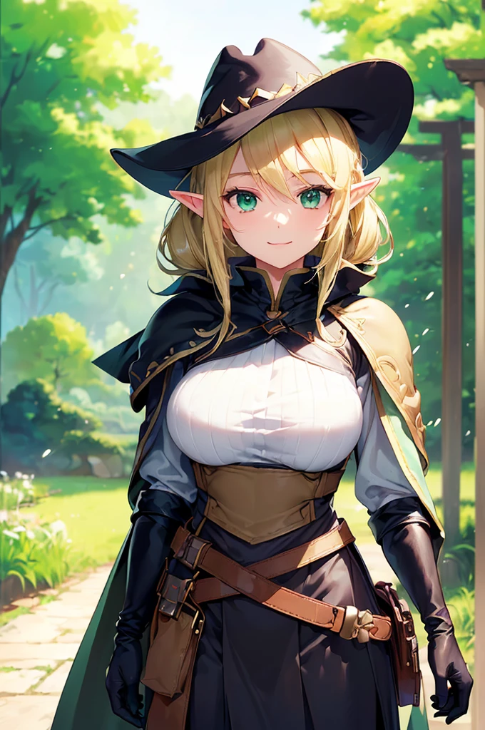 (((masterpiece; best quality: 1.2))), (finely detailed eyes: 1.3), (25 year old elf woman), (solo), (green eyes: 1.4), (body; big breasts, fit, femenine: 1.3), (silky blonde hair in low ponytail: 1.3), (beautiful and clear background: 1.2), ((depth of field)), (equipment: adventurer garb + modest + elegant wide-brim hat + dark blouse + dark cape + black long skirt + gloves + belt + pouches: 1.3), (anime illustration: 1.2), (background composition; royal garden: 1.1), (extremely fine and beautiful: 1.1), (shot composition; standing + centered on torso + close-up: 1.5), (expression; calm, smile: 1.2)
