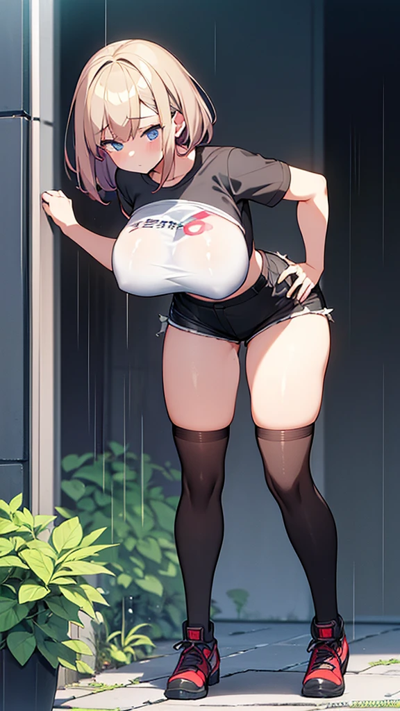 Full body image, front, One girl, 18-year-old, Mix 4, (32K, RAW Photos, Highest quality, masterpiece:1.2), (Anime-like, photoAnime-like:1.37), cute, Short sleeve T-shirt,Shorts,Black knee socks, night, rain, Humidity, Professional Lighting, Photon Mapping, Radio City, Physically Based Rendering, Super Resolution, (Big Breasts:1.2), {{The biological weapon that had preyed on the younger sister took her place and reunited with the older brother, The rebellious little sister has become the obedient little sister}}, Girl Skull, whole body, NSFW