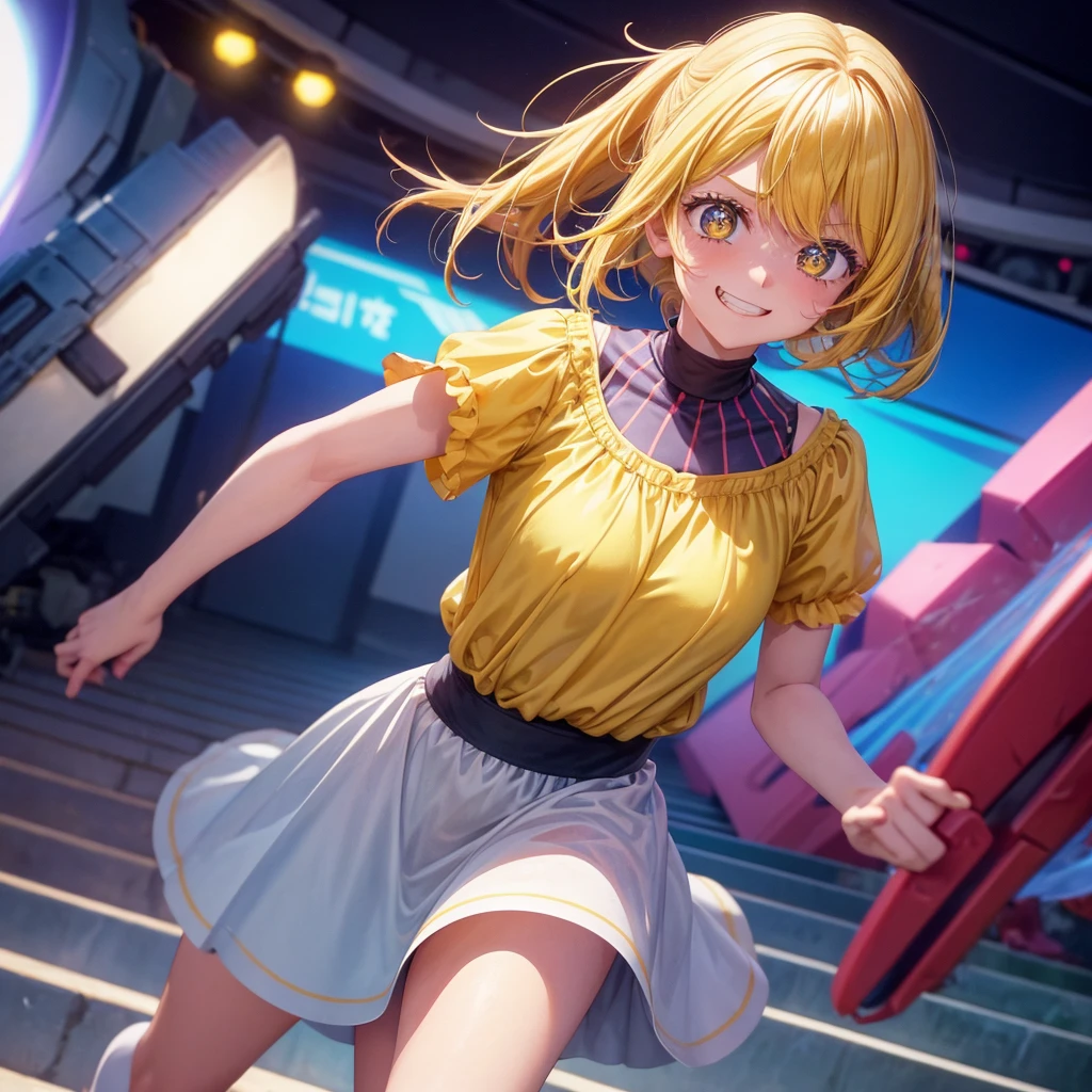 Create an anime-style image of a clumsy and naturally awkward girl with bright yellow hair. She should be wearing a cute, casual yellow outfit, such as a dress or a top with a skirt. Depict her in a moment where she is tripping or stumbling, showing a panicked and embarrassed expression, but also shyly smiling with her teeth showing in an awkward, bashful grin. Her hair is styled in a playful, slightly messy fashion. The background should be lively and fun, with bright colors and dynamic elements that emphasize her clumsiness. Add small, amusing details around her, like scattered items she has knocked over, to enhance the playful and whimsical atmosphere. Ensure that she is the only character in the image, making her the clear focus of the scene. Make sure the overall image is vibrant and engaging, suitable for use as a thumbnail.