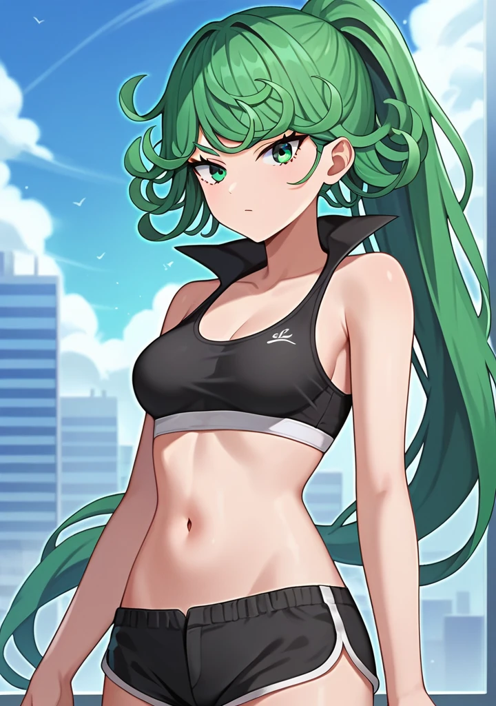 score_8_up, score_7_up, score_6_up, score_5_up, score_4_up, anime screenshot, looking at viewer, upper body,
1girl, tatsumaki, green hair, green eyes,very long hair,Ponytail, Hair Slicked Back, thighs, looking at viewer,
Black sports bra, shorts,medium breasts,
BREAK
standing, looking at viewer, city,