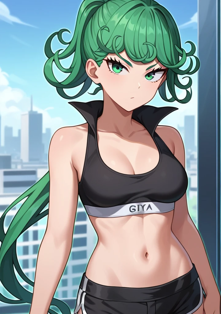 score_8_up, score_7_up, score_6_up, score_5_up, score_4_up, anime screenshot, looking at viewer, upper body,
1girl, tatsumaki, green hair, green eyes,very long hair,Ponytail, Hair Slicked Back, thighs, looking at viewer,
Black sports bra, shorts,medium breasts,
BREAK
standing, looking at viewer, city,