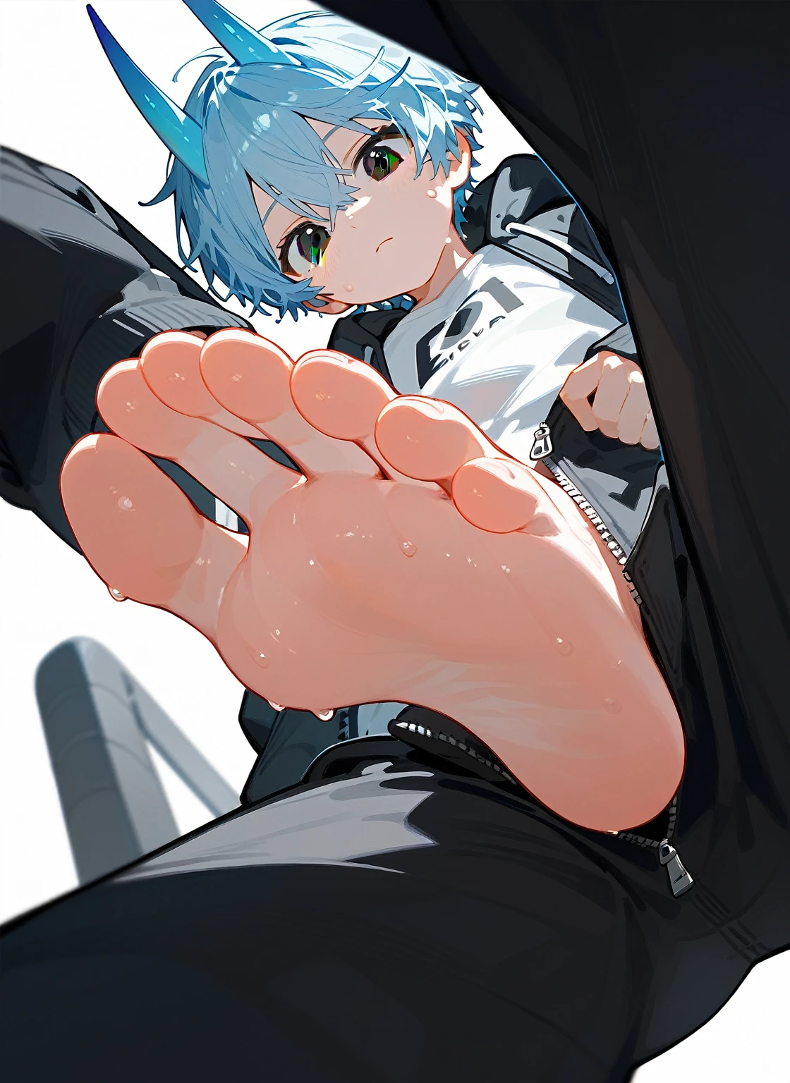 A cute boy showing his stinky feet low angle,barefoot,Sole,Sweating on the soles of the feet,Foot Focus,White T-shirt,Wearing a white and black hoodie jacket,Unzipped hoodie jacket,Bangs between the eyes,short hair,Light blue hair,Black trousers,Anatomically correct, There is a single short blue horn in the middle of the head.,Black eyes,Look at the audience,front,Close Range,perspective