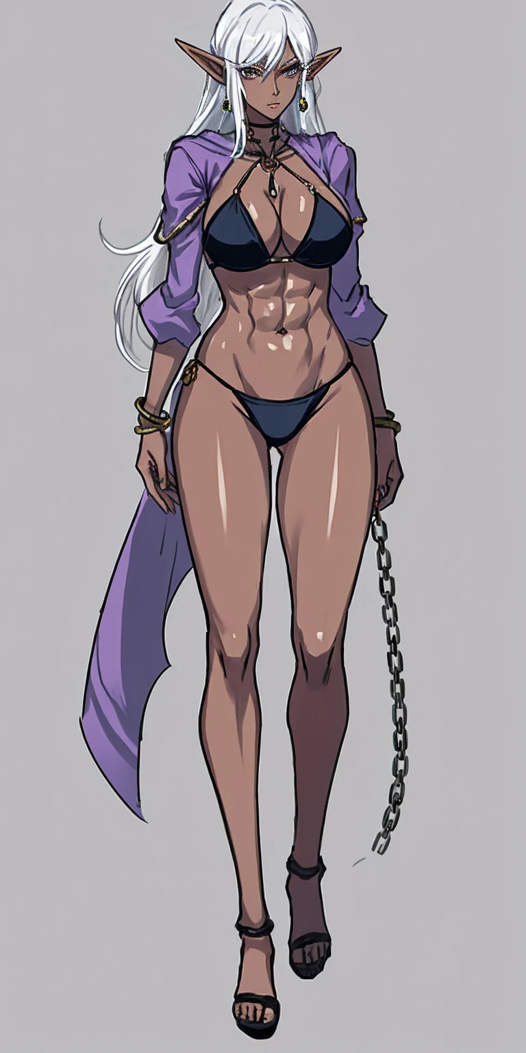 Appearance
Gender: Female
Age: Mature
Race: Drow (elf with dark skin and white hair)
Height: Full-body
Skin: Gray
Skin: Gray
Background: Plain Gray
Eyes: Purple
Attire: Bikini, revealing abdominal muscles
Accessories: Large earrings, ragged rags, chain necklace