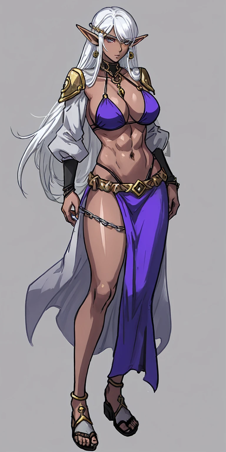 Appearance
Gender: Female
Age: Mature
Race: Drow (elf with dark skin and white hair)
Height: Full-body
Skin: Gray
Skin: Gray
Background: Plain Gray
Eyes: Purple
Attire: Bikini, revealing abdominal muscles
Accessories: Large earrings, ragged rags, chain necklace