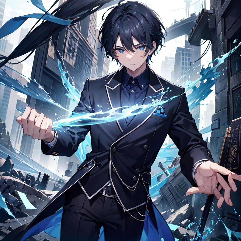 young man teenager ,Black hair has a strong blue sheen. ,Black eyes sparkling blue ,Wear fashionable black and blue shirts. ,Extend your right hand ,An ancient book floats in his right hand. ,There was a white card floating around behind it. ,The background is a natural scene.