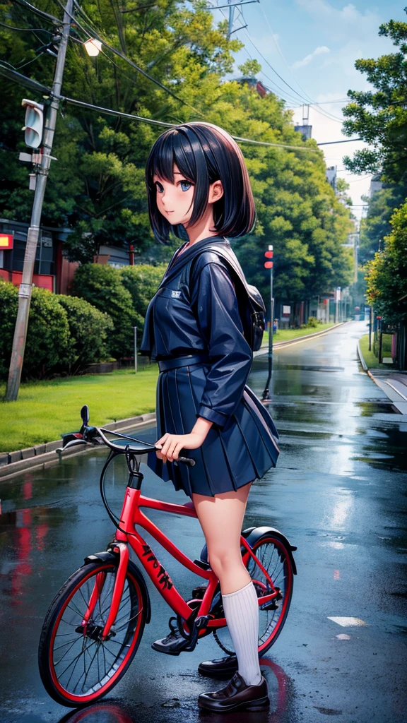 Japanese school Girl standing on wet road with bicycle down side of the street light and surrounded by green trees, very detailed girl, detailed bicycle, detailed road, detailed trees, detailed light pole, camera view from side, best quality, highly detailed , masterpiece, 8k scene.