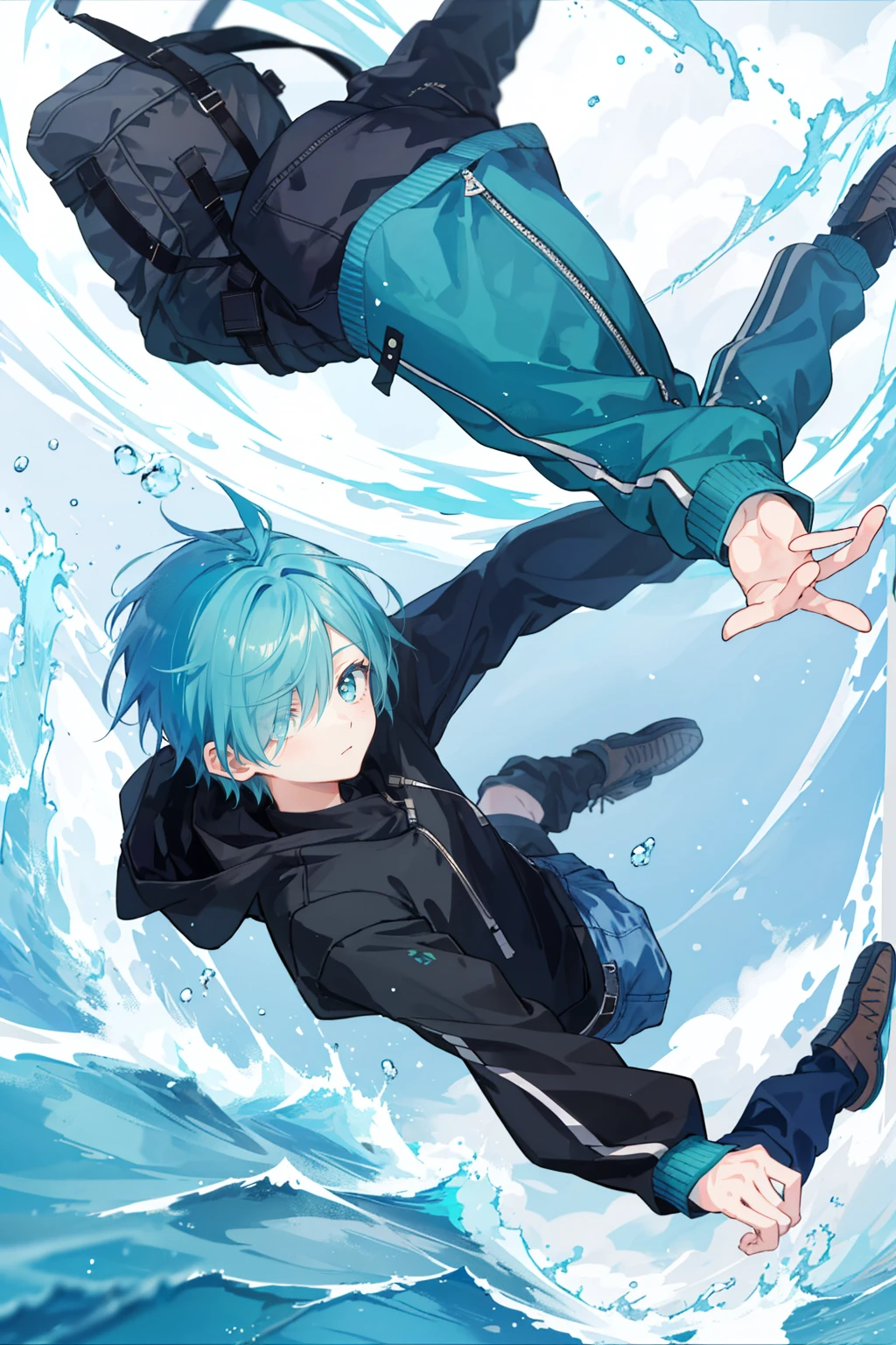 1 boy, 16 years old, short hair, hair over one eye, aqua hair, flipped hair, turtle neck, cargo shorts, hooded jacket, flying,