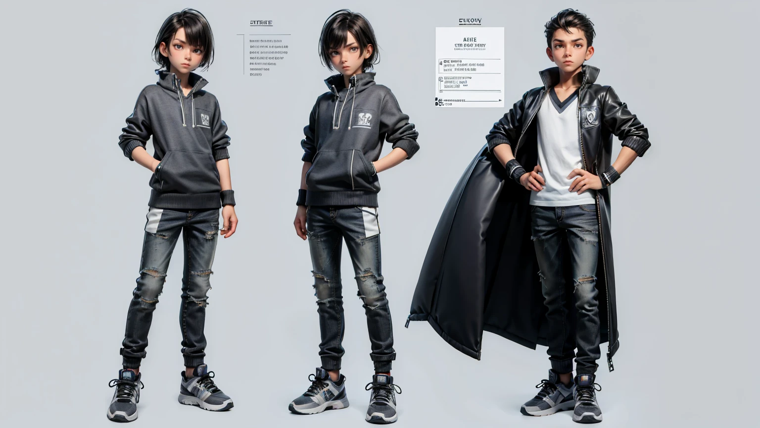 cute face boy, cute face, short height boy, wearing casual futuristic grey color pent, full standing pose, French style hairs, black French style  hair, sports shoes, Character Sheet, 12 yo student, Full body, Simple white background, front pose character reference sheet, Concept art, design sheet