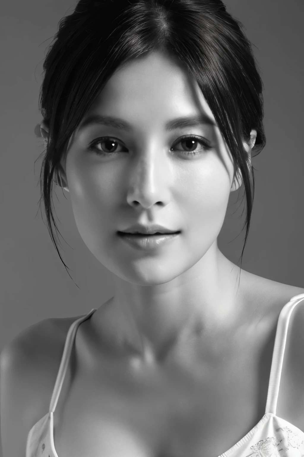 Tabletop, Highest quality, Realistic, Very detailed, finely, High resolution, 8k wallpaper, RAW Photos, Professional, High level of detail, (((Black and White Photography))), 1 girl, (look forward to), Upper Body, short hair, Shapely small breasts, Cleavage, Perfect Face, (((Only lips red))), (Looking into the camera), (From below)