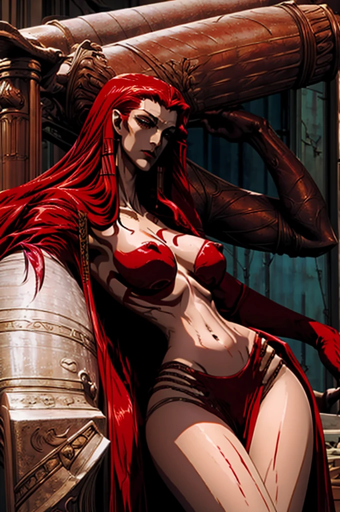 Naked,large breasts,looking at her side profile,beautiful face,bloody,red skin,rising from her tomb,long red hair in dense curls,long slender body,stomach