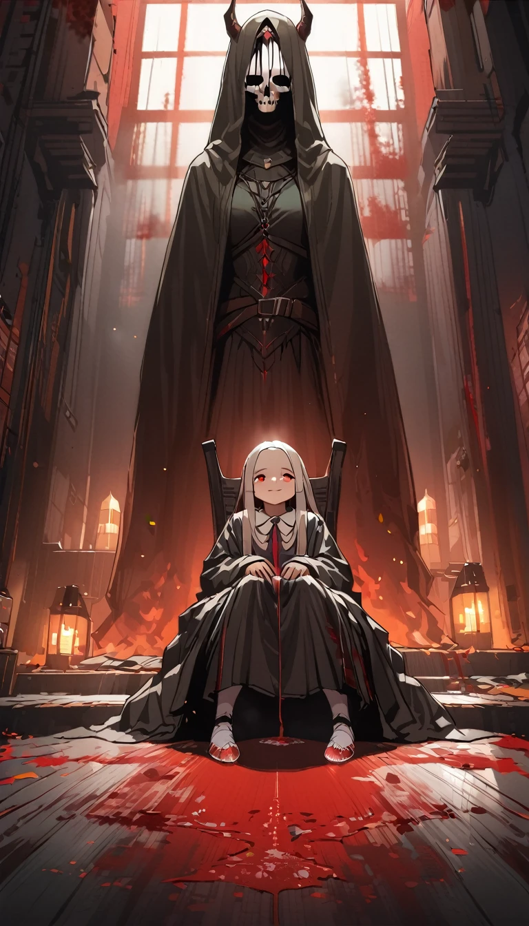 (Highest quality,4K,High resolution,masterpiece:1.2),Very detailed,Realistic:1.37,Spooky altar background,Dark fantasy,Red color scheme,Ominous atmosphere,Eye-catching,Storytelling,anatomy,Anime Style,Concept Art,beautiful細部までこだわった顔と (((Red eyes ))),A terrifying ritual ,Satanic Ritual,Premature death,Improper behavior,クレイジーなsmile,Scythe Face,Girl Monster, beautiful, Delicate facial features, Sharp Eye, Sharp Fangs, pale skin, Thick chain, Dark Background, Cinema Lighting, Dramatic Shadows, Gothic style, Gloomy atmosphere, Dark fantasy, One Girl, , Please open your mouth wide, Open your mouth and baring your teeth,Sharp teeth like a beast, Wide lips, very wide mouth, Vermilion cheeks, ,(Blood splatter:1.4),Scary smile, smile,Fallen angel design, Twisted smile、Bloodstained、bleeding from the head,,,,、Blood splatter、,(Blood splatter:1.4),Crossbones, skull,Horror Style, ((Fantasy Fallen Angel Costume)), ((Flowing black hair)), ,(Blood splatter:1.4),Female curves, Sexy flat stomach, Perfect hands, Perfect anime face, ((White Lolita Dress)), Are standing, ((邪悪なsmile)), ,(Blood splatter:1.4), Steam circulates, Moonlight Illumination, night lighting, disaster々new devil horns,,(Blood splatter:1.6),アニメFallen angel design, Twisted smile、Bloodstained、bleeding from the head,,,,、Blood splatter、,(Blood splatter:1.4),Crossbones, skull,Gothic architecture、Western architecture、Fantasy World、,Victorian cities, Skeleton Gas Light,Absurd, High resolution、 ((Tabletop)), ((Highest quality)), (Very detailedな), ((Very detailed)), (beautiful), ((pretty girl)), (NFSW:1.8), alone,(10 years old:1.6)、(world&#39;The most terrifying and creepy demon girl:1.5)beautiful face、Whole Body Ezbian、pale, Clear Skin、beautiful黒の髪、Smiling Kindly、Dark building ruins、(snow white&#39;Frill dress:1.3)、(The dark ruins are stained with blood:1.3)、Low angle full body shot、(少女は血の海の中にAre standing:1.5)、(The ground is full of blood:1.3)、(The girl lost a lot of blood..:1.3)、)、(クレイジーなsmile:1.6)、Spirits、(Blood dripping from the mouth:1.3)