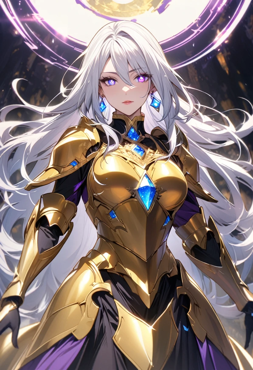 woman, blue eyes, long hair, white hair, mature, god eyes, diamond earings, glowing right eyes, two colors eyes, purple eyes, golden armor,