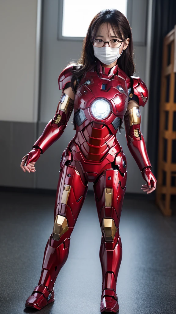 Iron Man Armor、Iron Man Mask、M-shaped feet、Kindergarteners、Elementary school girl　girl, Hyperrealism, Super Detail, high quality, Anatomically correct, 16K, High resolution, Textured skin、Chiquita、、Glasses、Sweaty、Red and black clothing colors　A lot of steam coming from the head　Wet Hair