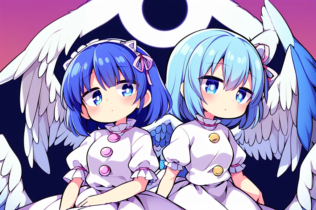 (best quality,4k,8k,highres,masterpiece:1.2), top-quality(​masterpiece), top-quality, ultra-detailed, highly detailed texture, intricate details, high quality textures, A cute age angel with blue eyes, big pink ribbon in her hair, drawn in anime style, 1girl, (((1girl in))), , 10 y(loli))), ((child), medium blue hair, hair flaps, pink ribbon on head, well-formed face, Beautiful face, blue eyes, pretty eyes, angel girl, white blouse, puffy short sleeves, red ribbon, angel wings, long white skirt, red shoes, frills, ribbon head, A pair of angel wings on the back, clean line drawings, cute, perfect symmetrical face